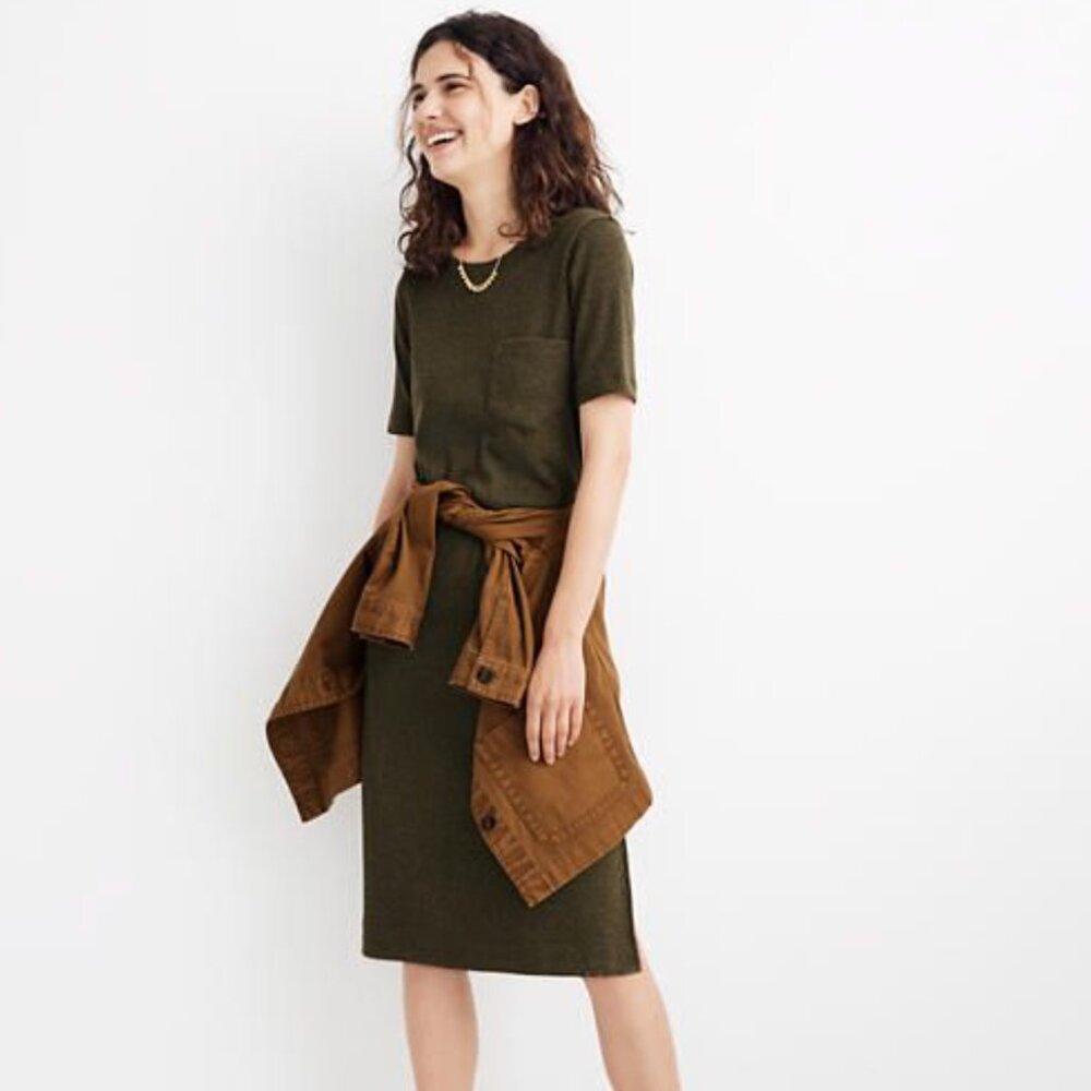 NWT MADEWELL WOMEN'S OLIVE GREEN SHORT SLEEVE RIBBED POCKET TEE MIDI DRESS Sz XL
